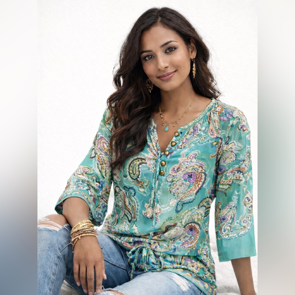 Forbidden Boho Paisley Print Peasant Top Medium Viscose Festival Blouse